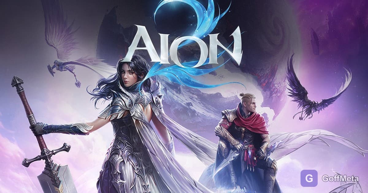 Aion 2 key art: a Daeva woman with a greatsword and an Asmodian assassin under the Aion 2 logo