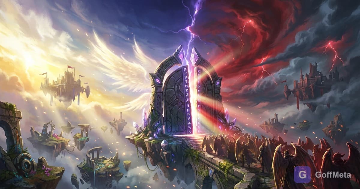 A rune-lit gate opening on a stone bridge between Elyos gold and Asmodian crimson skies, with winged Daeva waiting before it